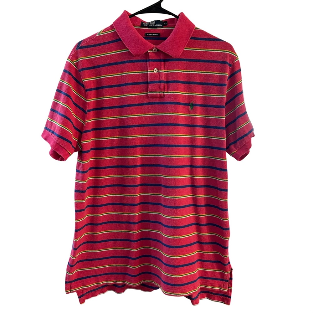 Polo Ralph Lauren Men's XL Pink Striped Custom Fit Polo Shirt Green Pony Logo